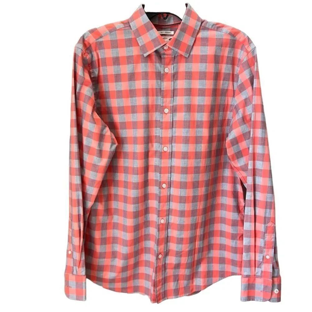 Old Navy slim fit button down long sleeve collard Coral plaid shirt size medium